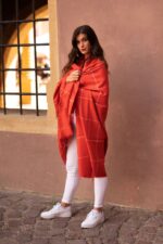 Luxurious Checkered Baby-Alpaca Throws | Peruvian Baby-Alpaca blanket- Vibrant Coral-Red - Image 3