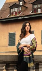 Baby Alpaca and Silk Peruvian Shawl: Elegant dark green with color touches