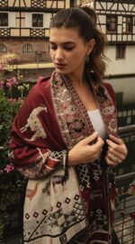 Peruvian Patterned Scarf-Shawl | Reversible DArk Red - Pink - Beige | Inka Peruvian Pashmina