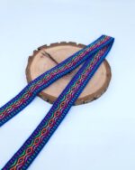 Cinta en lana bohemia de jacquard tejida a mano de 2,5 cm por metro - Andean Pérou Inca Craft - Patrones geométricos azules - Image 2