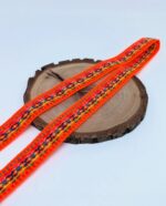 Cinta en lana bohemia de jacquard tejida a mano de 2,5 cm por metro - Andean Pérou Inca Craft - Patrones geométricos naranjas - Image 2